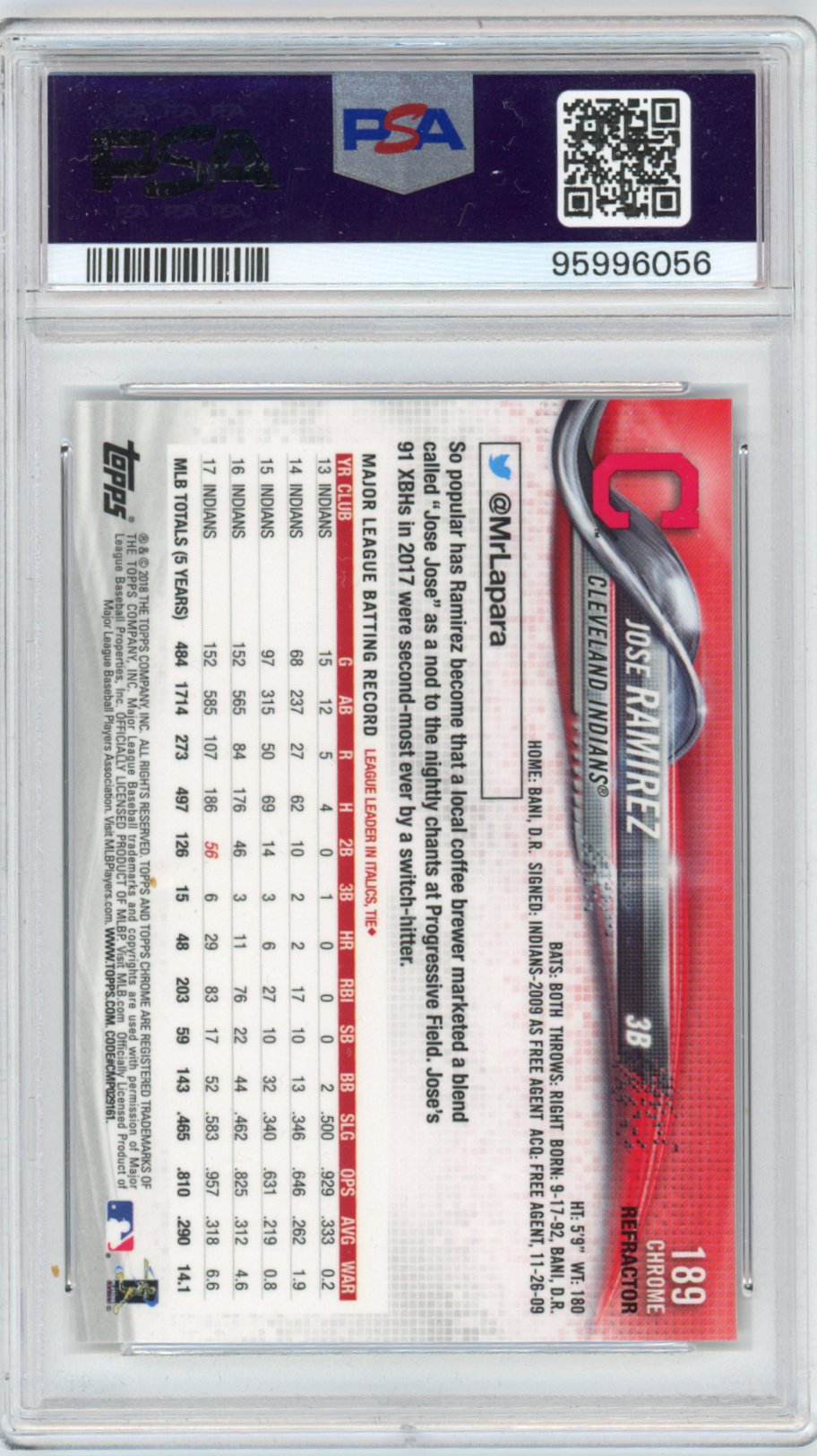 Graded 2018 Topps Chrome Jose Ramirez #189 X-Fractor Baseball Card PSA 10 Gem Mint
