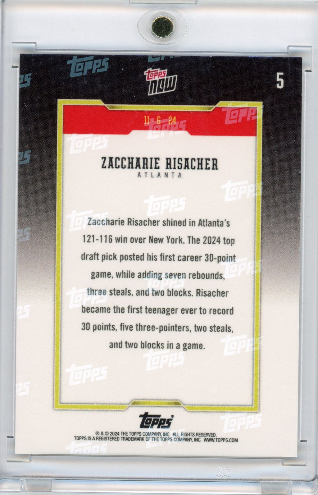 2024 Topps Now Zaccharie Risacher #5 Blue #/75 Rookie RC Basketball Card