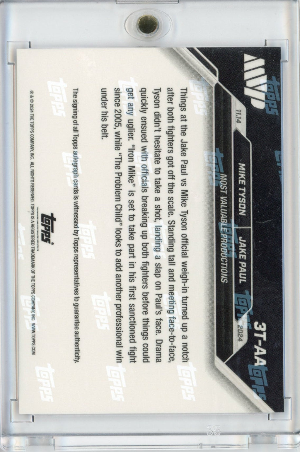 2024 Topps Now Mike Tyson/Jake Paul #3 Auto #/25 Slap At Weigh In Boxing Card