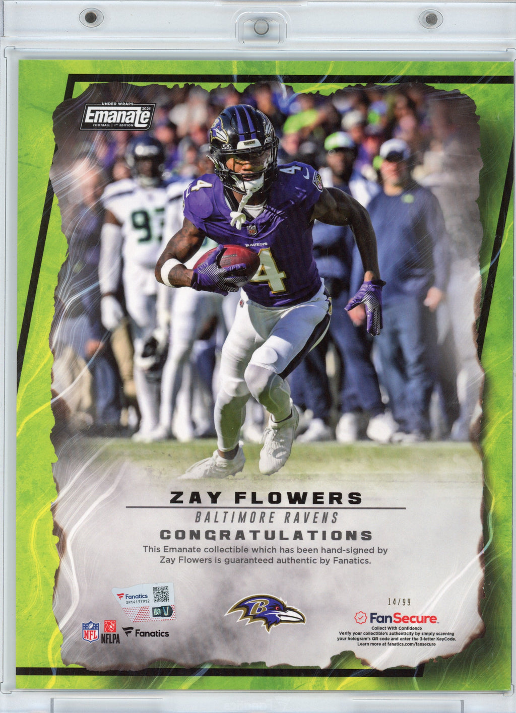 Autographed/Signed 2024 Under Wraps Emanate Zay Flowers Baltimore Ravens Green /99 8x10 Football Card Photo Fanatics COA