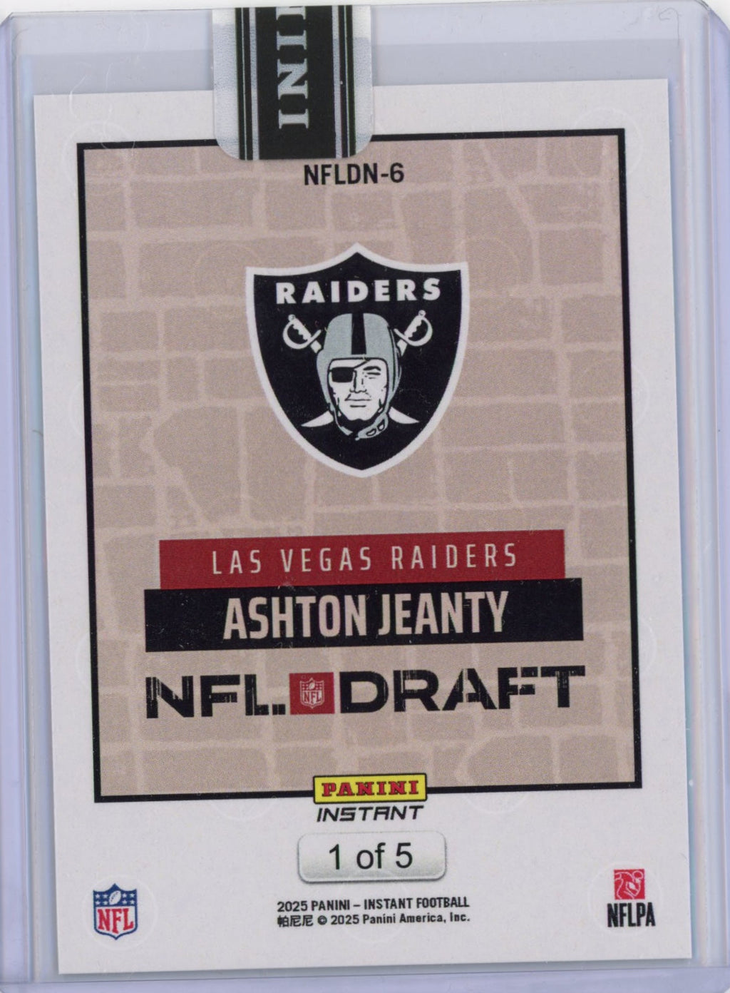 2025 Panini Instant NFL Ashton Jeanty #DN6 Draft Night Green /5 Las Vegas Raiders Rookie RC Football Card