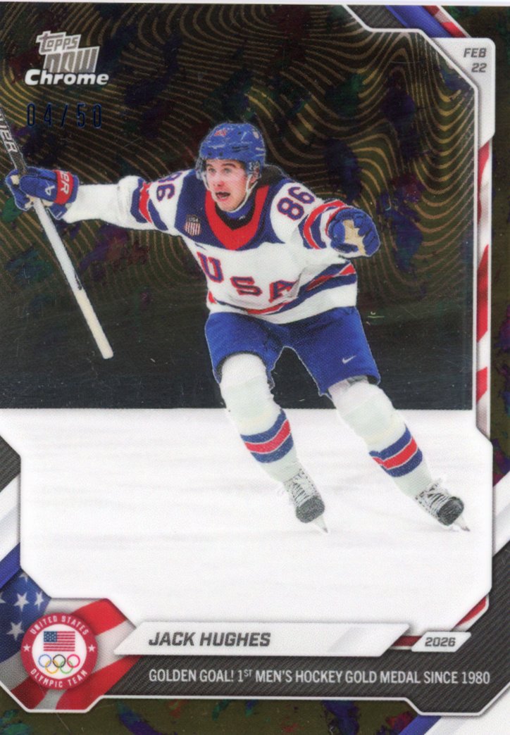 2026 Topps Now Olympics Jack Hughes #18 Gold Chrome Opal /50 Team USA Gold Medal Hockey Card