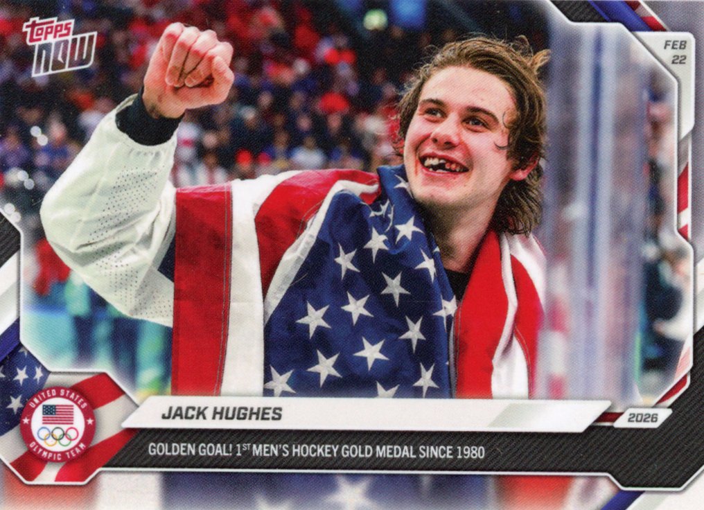 2026 Topps Now Olympics Jack Hughes #18-SSP Image Variation Super Short Print Team USA Gold Medal Hockey Card