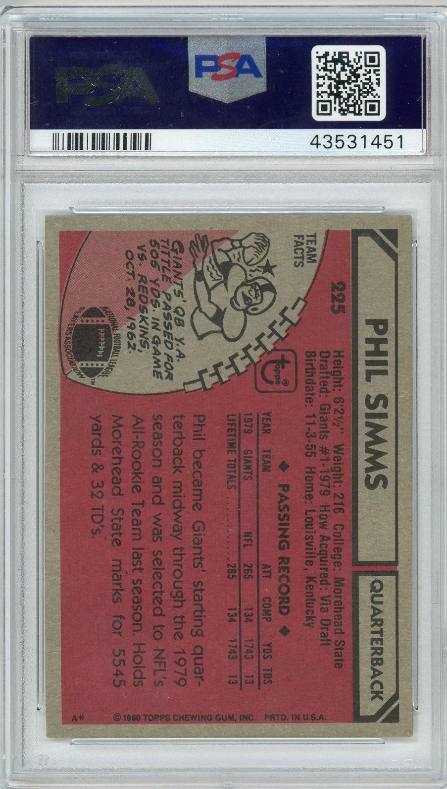 Graded 1980 Topps Phil Simms #225 Rookie RC Football Card PSA 4 VG-EX
