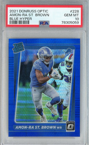Graded 2021 Panini Donruss Optic Amon-Ra St. Brown #228 Blue Hyper Rookie RC Football Card PSA 10 Gem Mint