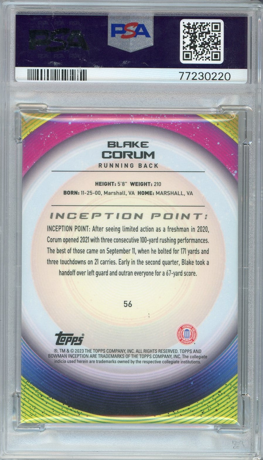 Graded 2022 Bowman U Inception Blake Corum #56 Aqua V1 Foil Rookie RC Football Card PSA 10 Gem Mint