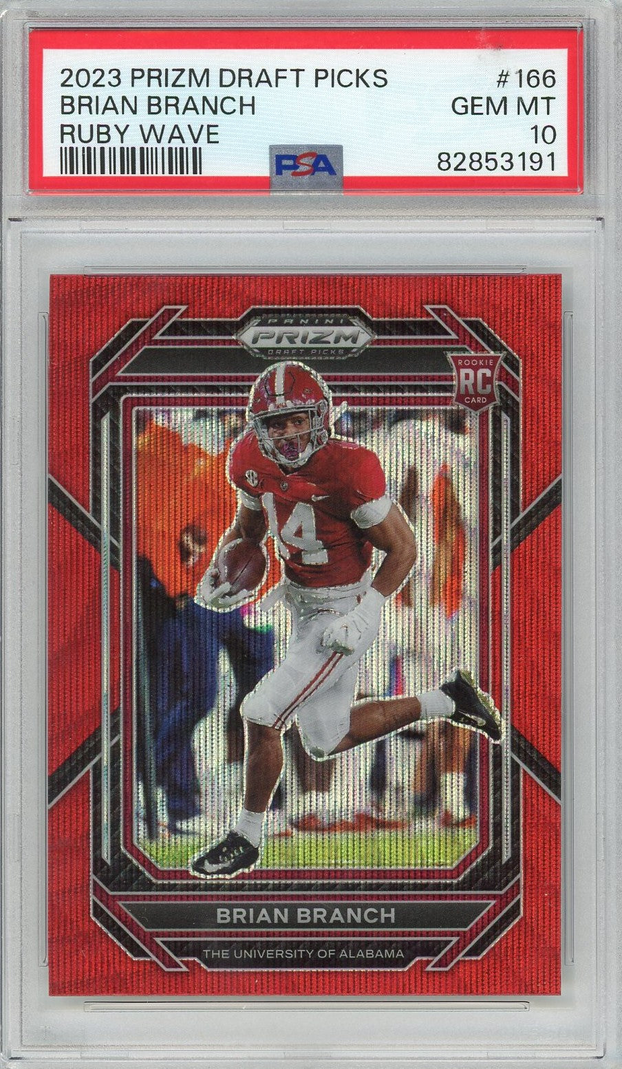 Graded 2023 Prizm DP Brian Branch #166 Ruby Wave Rookie RC Football Card PSA 10 Gem Mint