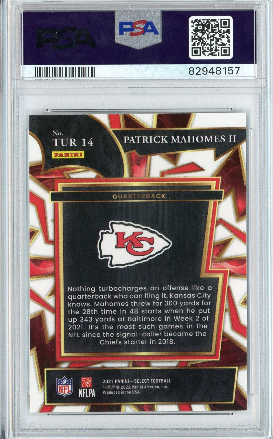 Graded 2021 Panini Select Patrick Mahomes II #TUR14 Tubrocharged Football Card PSA 10 Gem Mint
