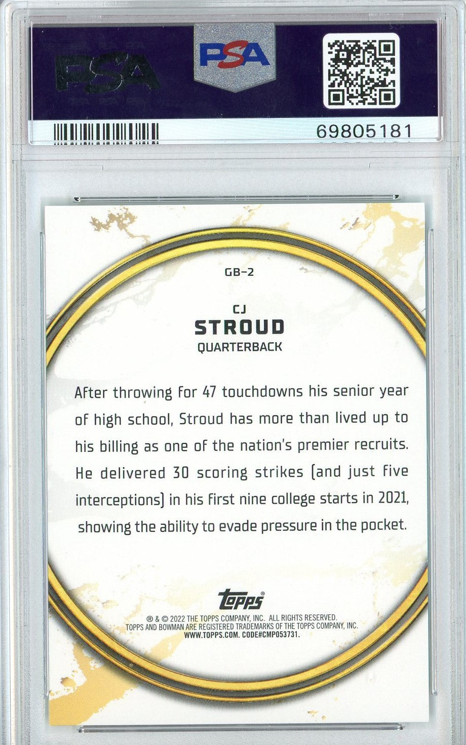 Graded 2021 Bowman University CJ Stroud #GB2 Golden Boy Aqua Foil Rookie RC Football Card PSA 10 Gem Mint