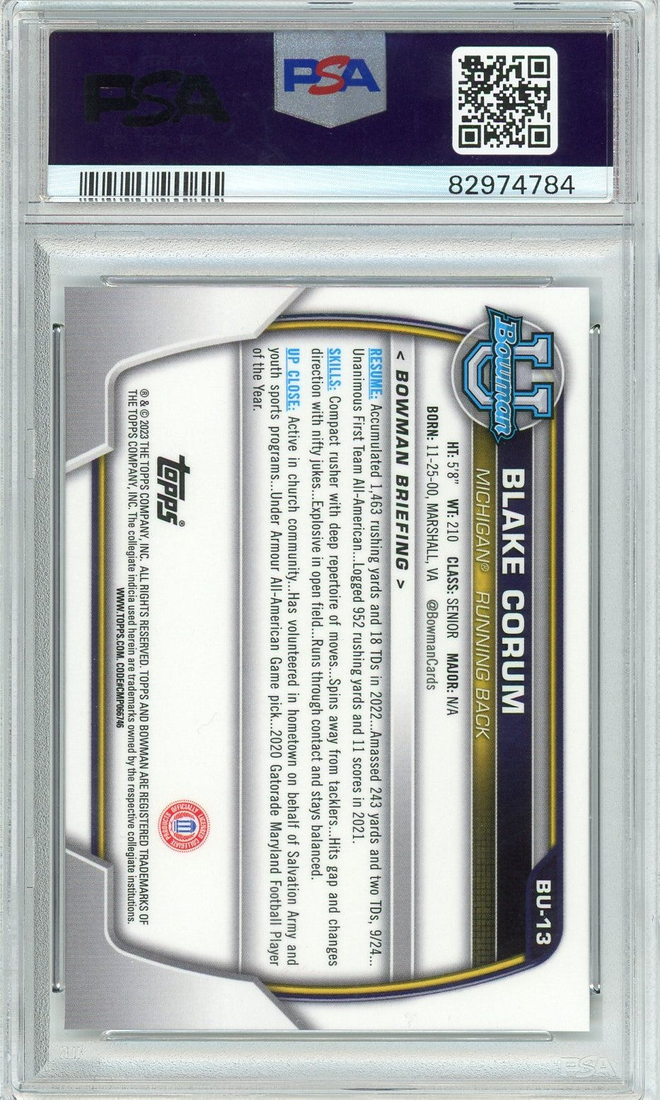 Graded 2023 Bowman Chrome U NSCC Blake Corum #13 Rookie RC Football Card PSA 10 Gem Mint