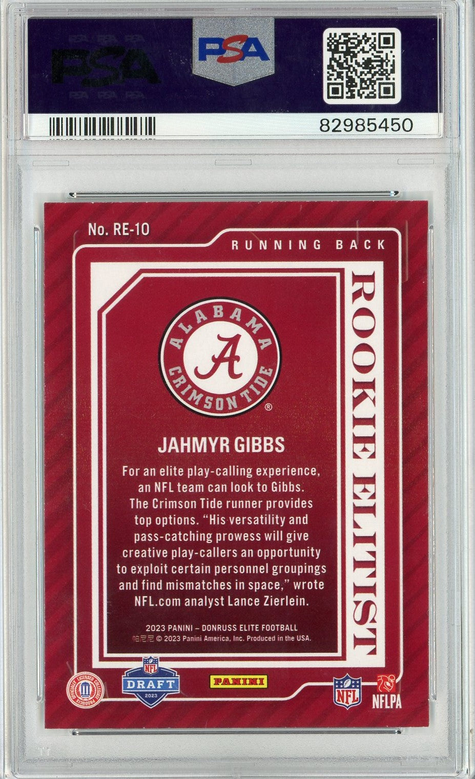 Graded 2023 Panini Donruss Elite Jahmyr Gibbs #RE10 Rookie Elitist RC Football Card PSA 10 Gem Mint