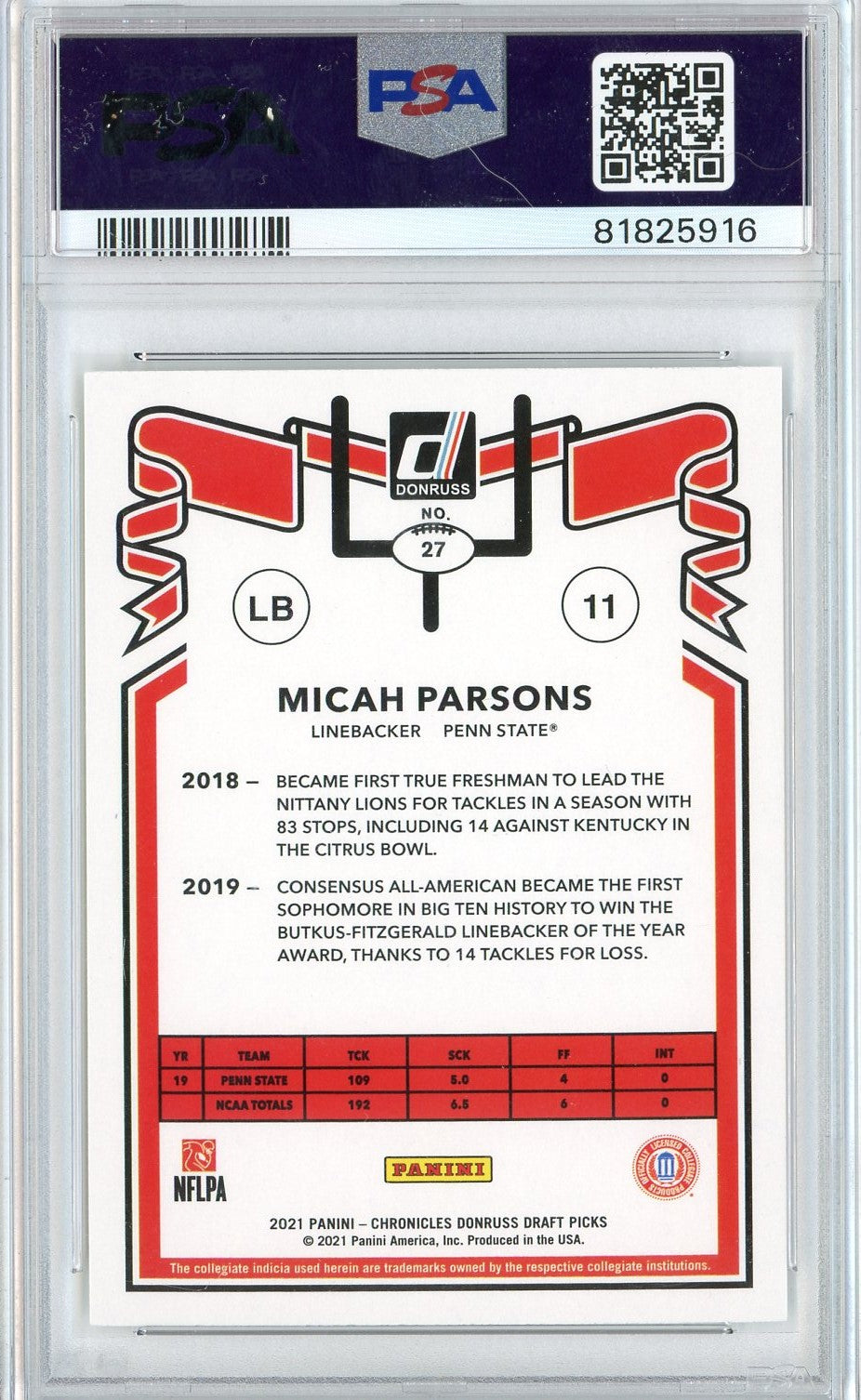 Graded 2021 Panini Chronicles DP Micah Parsons #27 Rookie RC Football Card PSA 10 Gem Mint