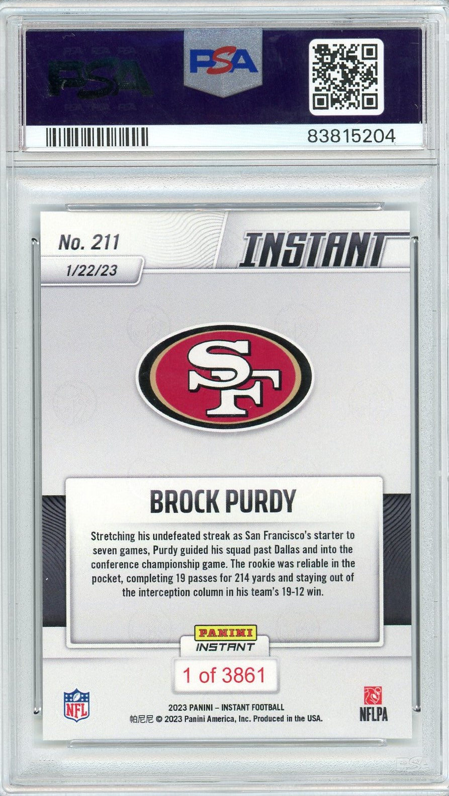 Graded 2022 Panini Instant Brock Purdy #211 Rookie RC Football Card PSA 10 Gem Mint