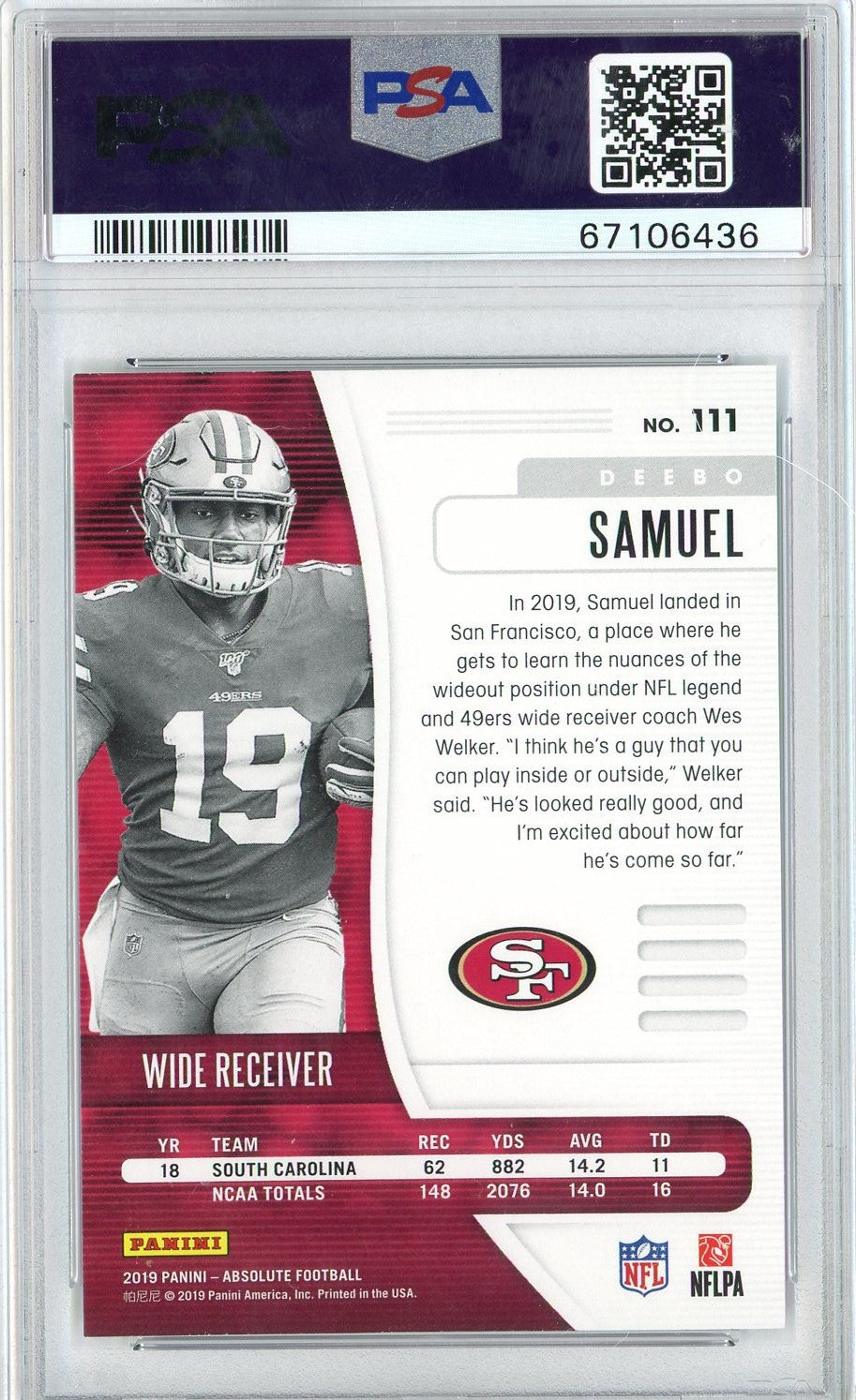 Graded 2019 Panini Absolute Deebo Samuel #111 Rookie RC Football Card PSA 10 Gem Mint