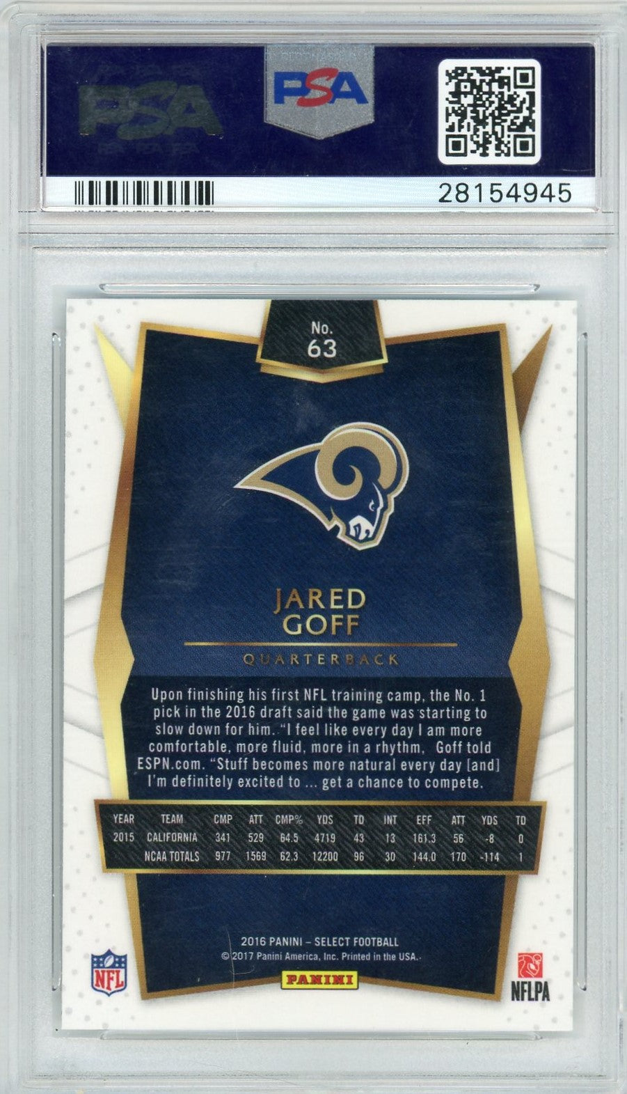 Graded 2016 Panini Select Jared Goff #63 Rookie RC Football Card PSA 10 Gem Mint
