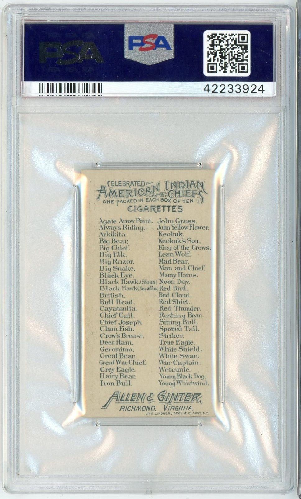 Graded 1888 Allen & Ginter American Indian Chiefs N2 Geronimo Baseball Tobacco Card PSA 5 Excellent
