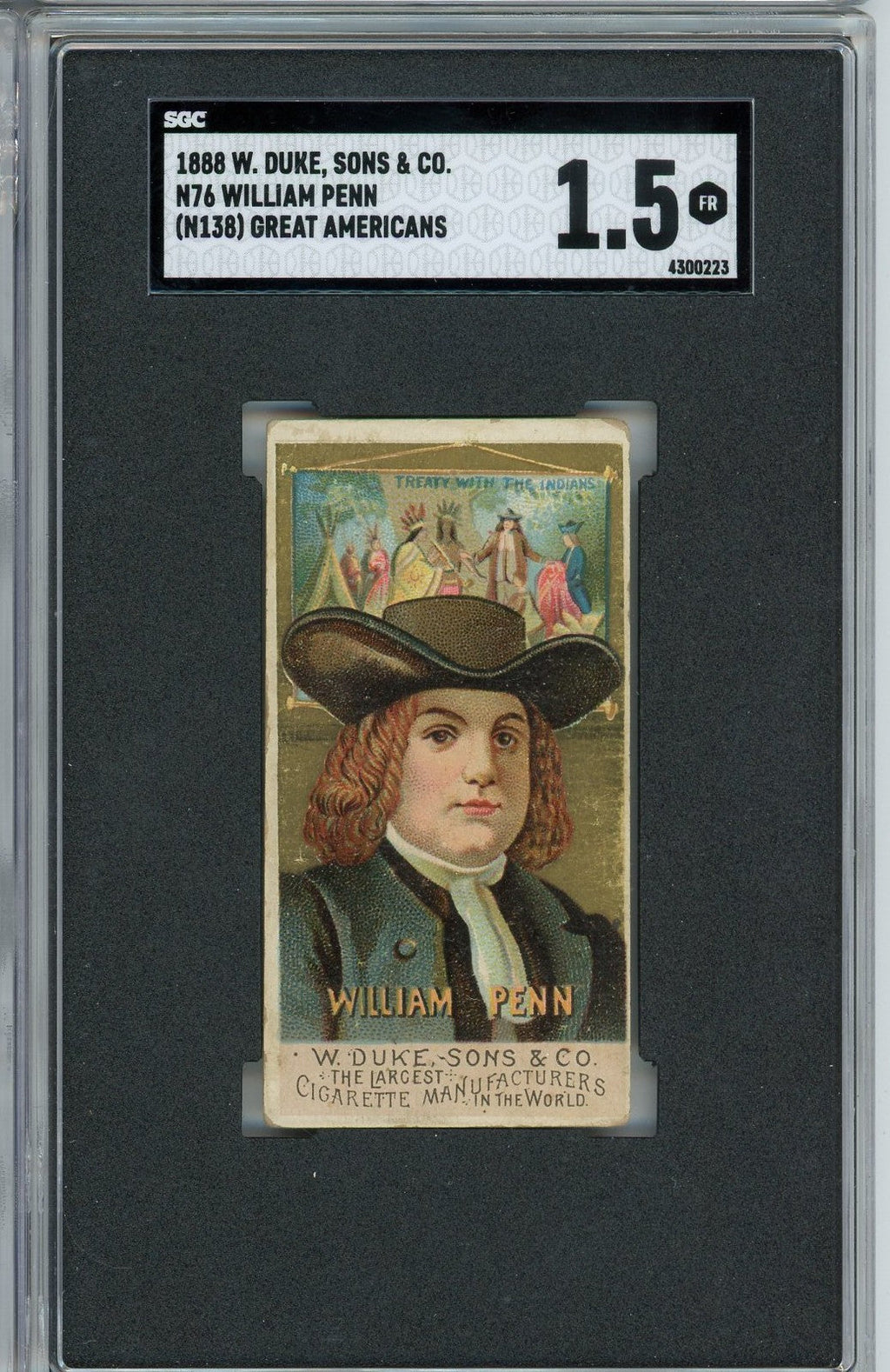 Graded 1888 W. Duke, Sons & Co. N76 Great Americans #N76 William Penn Baseball Tobacco Card SGC 1.5