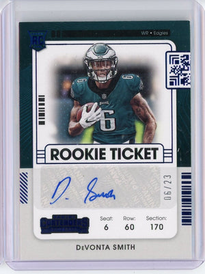 2021 Panini Contenders Blue Variation Rookie Ticket Devonta Smith #107 Jersey Number 6/23 Auto Rookie RC Football Card