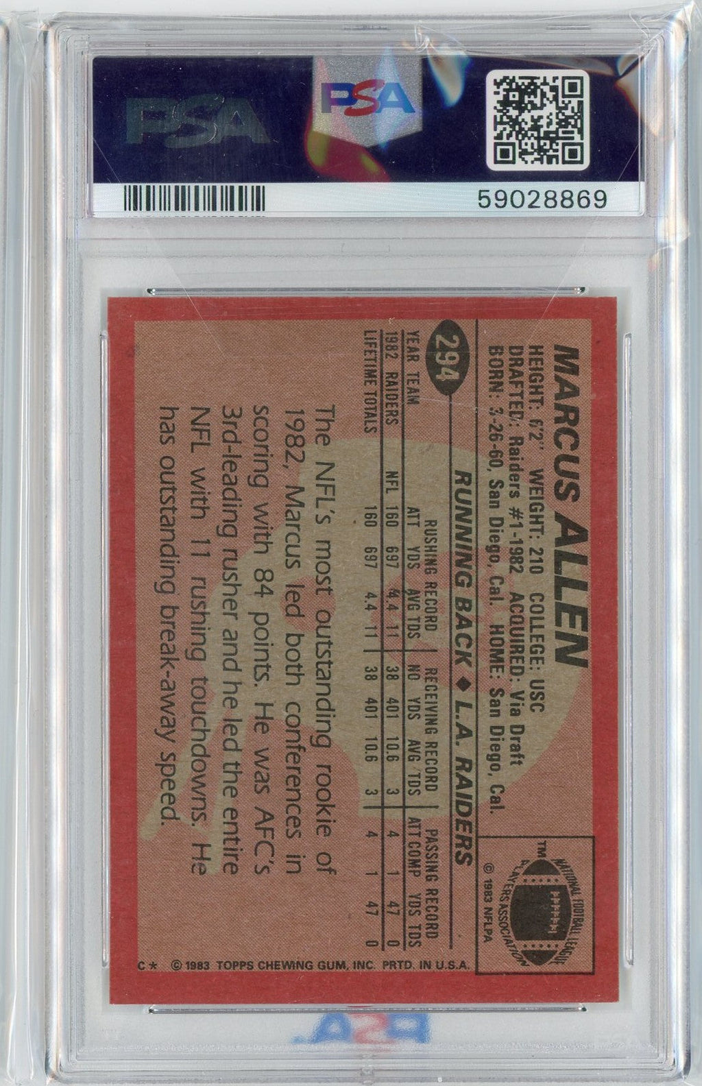 Graded 1983 Topps Marcus Allen #294 Rookie RC Football Card PSA 8 NM-MT