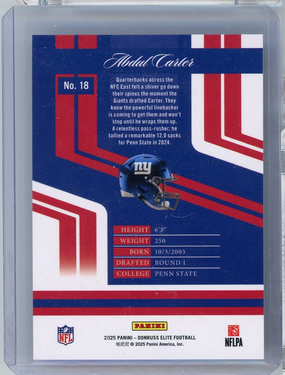 2025 Panini Donruss Elite Silver Abdul Carter #18 /299 New York Giants Rookie RC Football Card