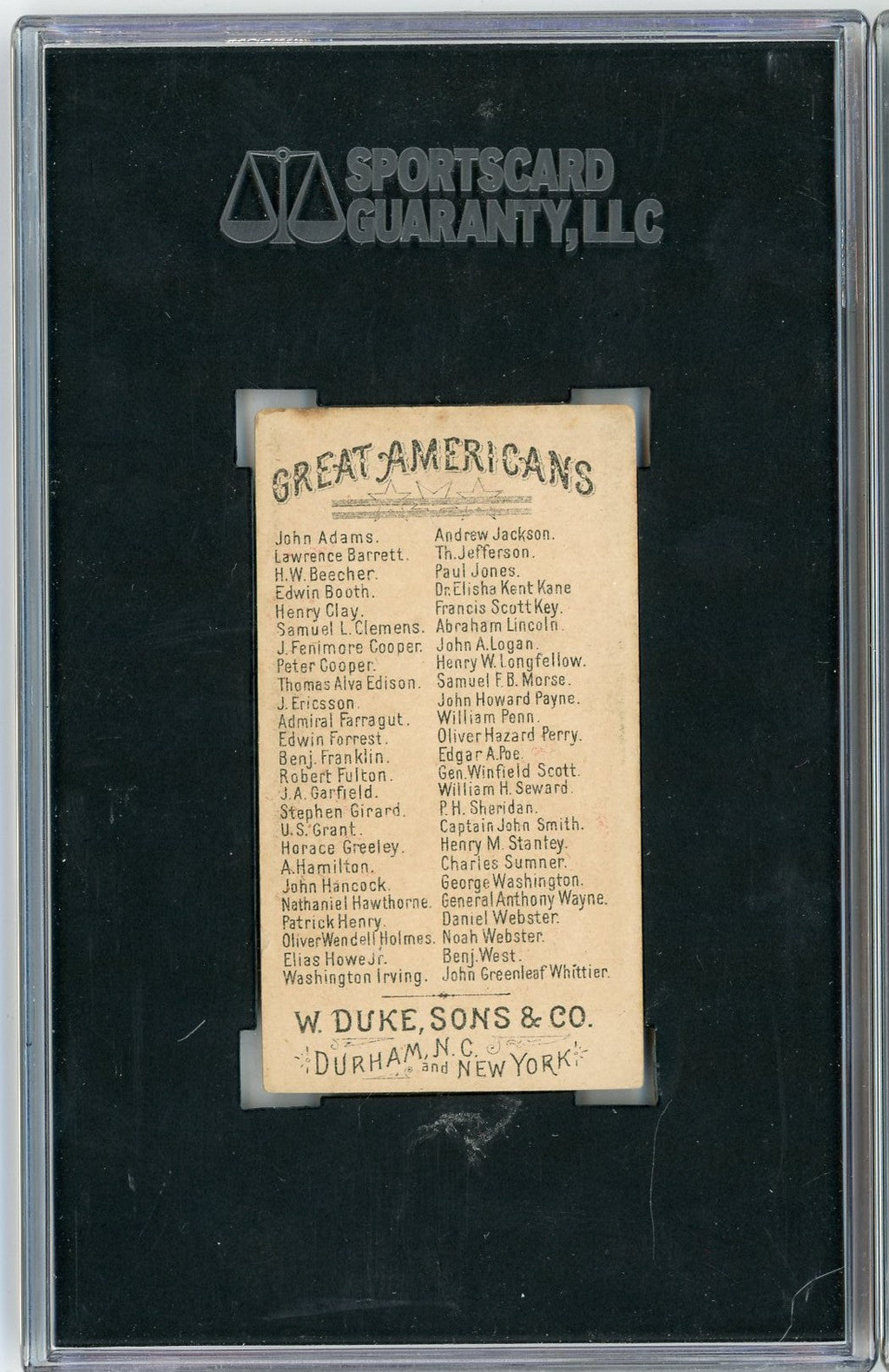 Graded 1888 N76 W. Duke, Sons & Co. Great Americans #DICTIONARY Noah Webster Baseball Tobacco Card SGC 4.5