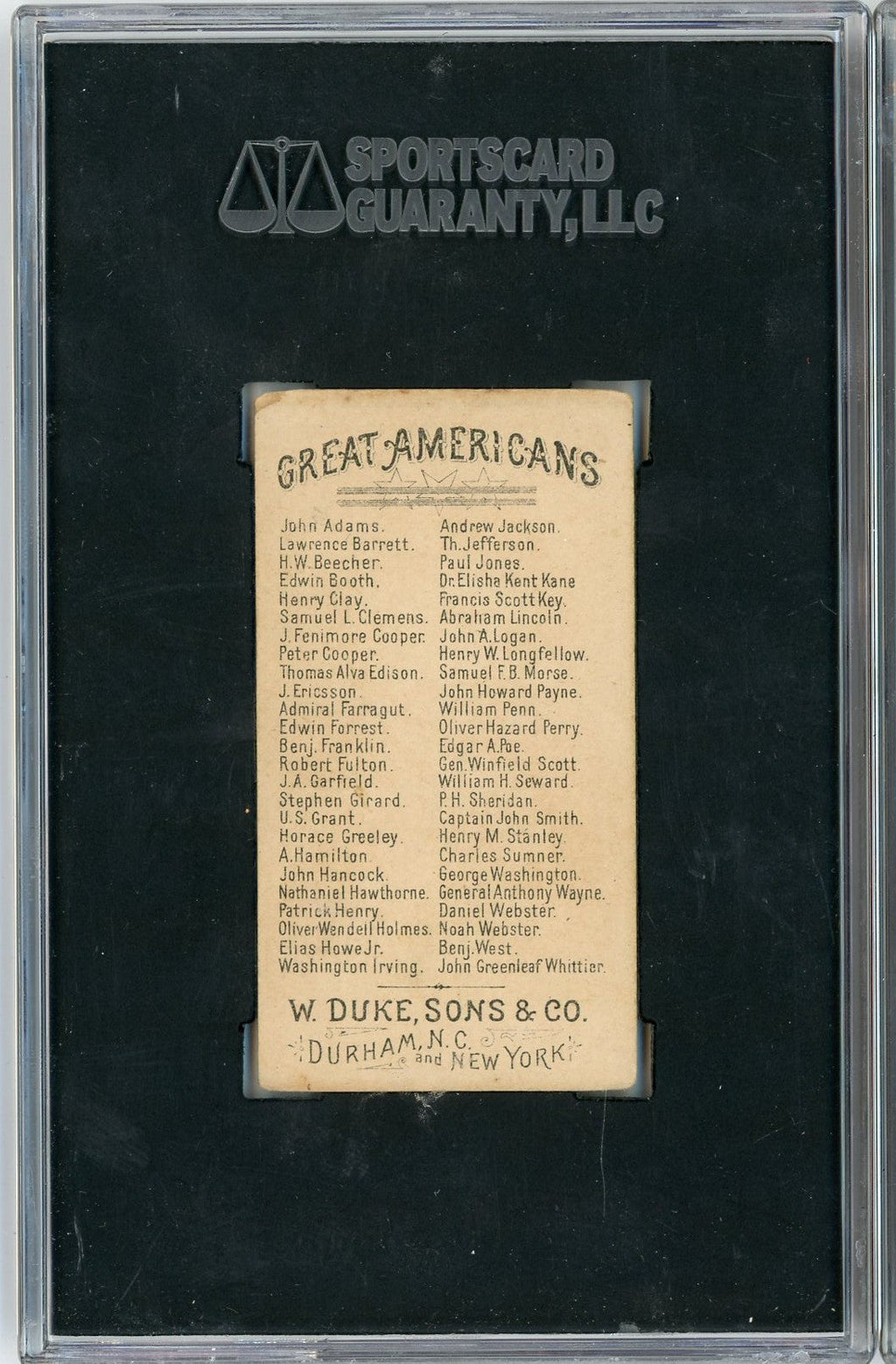 Graded 1888 N76 W. Duke, Sons & Co. Great Americans #BW Benjamin West Baseball Tobacco Card SGC 4