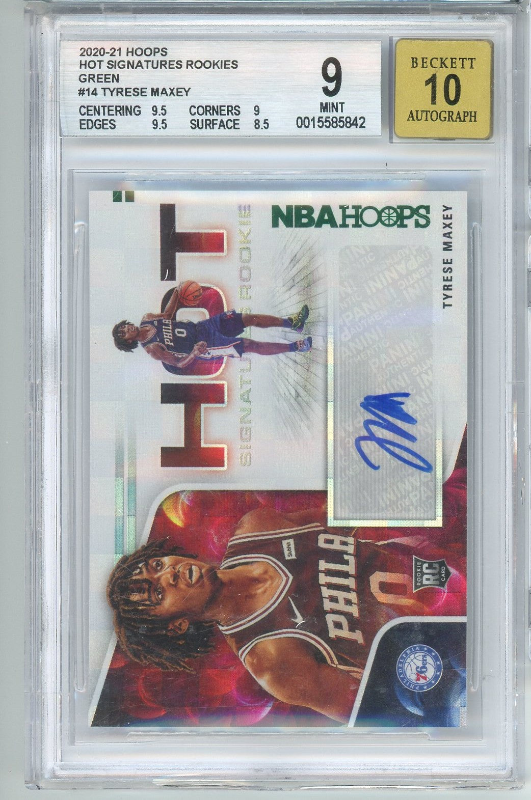 Graded 2020 Panini Hoops Tyrese Maxey #HR-TMA Hot Signatures Rookies Green Autograph Rookie RC Basketball Card BGS 10 Auto