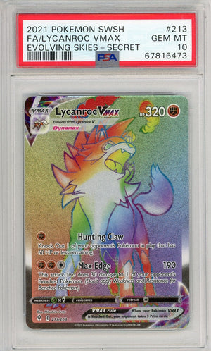 Graded 2021 PKM Sword & Shield Lycanroc #213 Vmax Evolving Skies Secret Trading Card Game PSA 10 Gem Mint