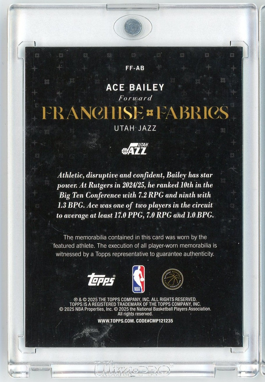 2025 Topps Ace Bailey #FFAB Franchise Fabrics Player Worn Relic Utah Jazz Rookie RC Basketball Card