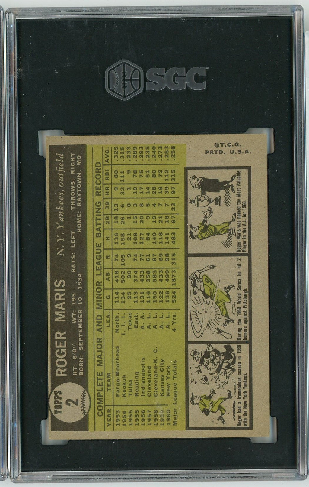 Graded 1961 Topps Roger Maris #2 Baseball Card SGC 7 Near Mint