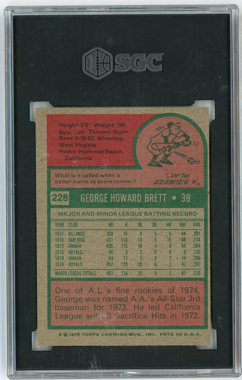 Graded 1975 Topps George Brett #228 Rookie RC Baseball Card SGC 5 Excellent