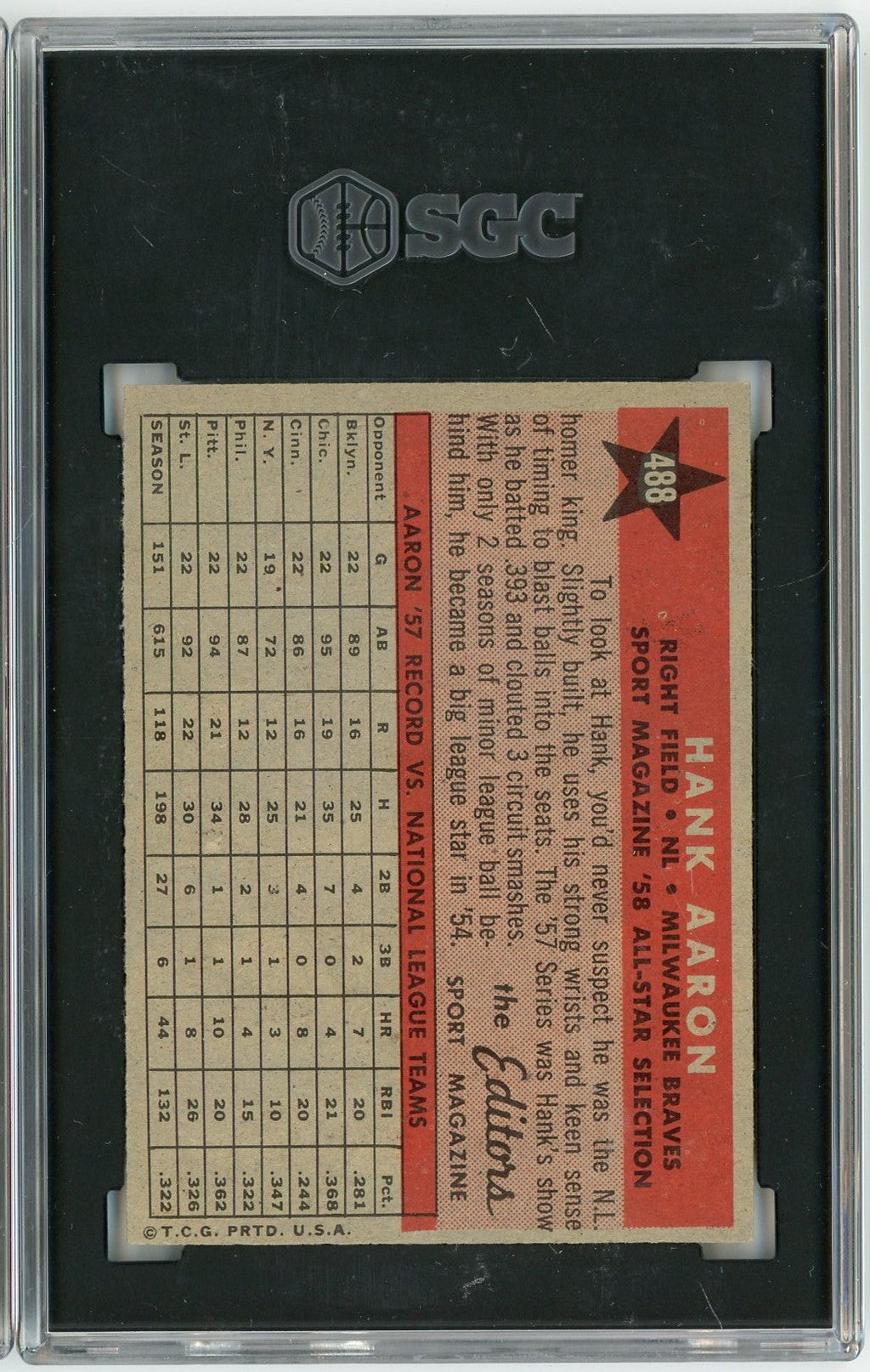 Graded 1958 Topps All Star Hank Aaron #488 Baseball Card SGC 6 EX-NM