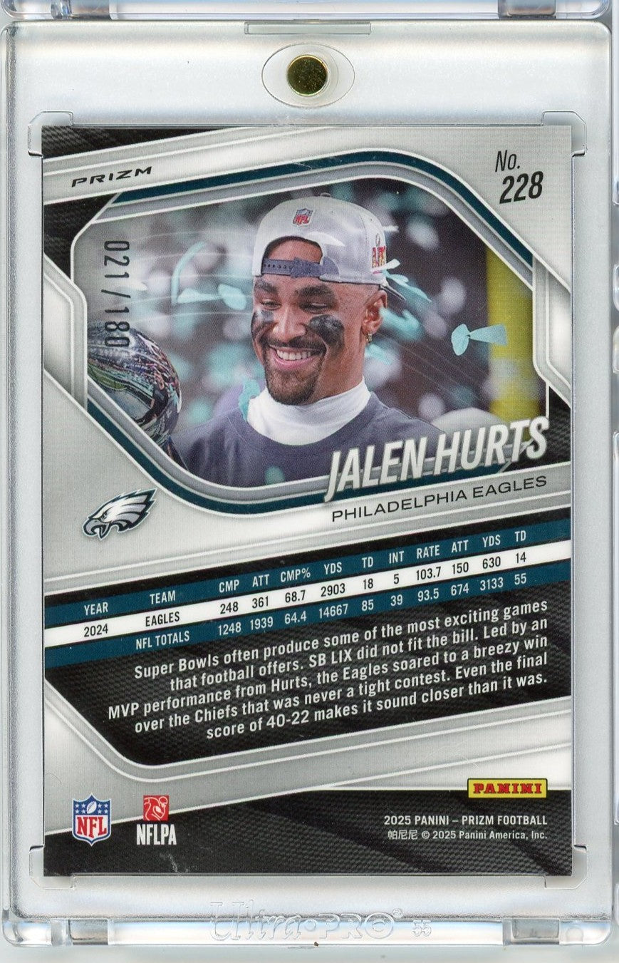 2025 Panini Prizm Jalen Hurts #228 /180 Pigskin Super Bowl MVP Football Card