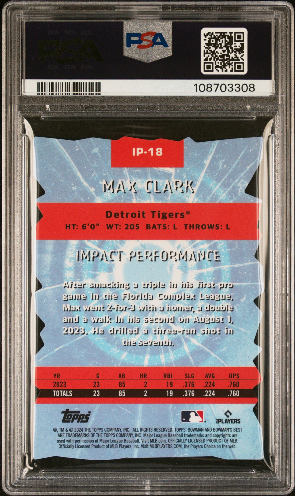 Graded 2024 Topps Bowmans Best Max Clark #IP18 Impact Players Mini Diamond Rookie RC Baseball Card PSA 10 Gem Mint