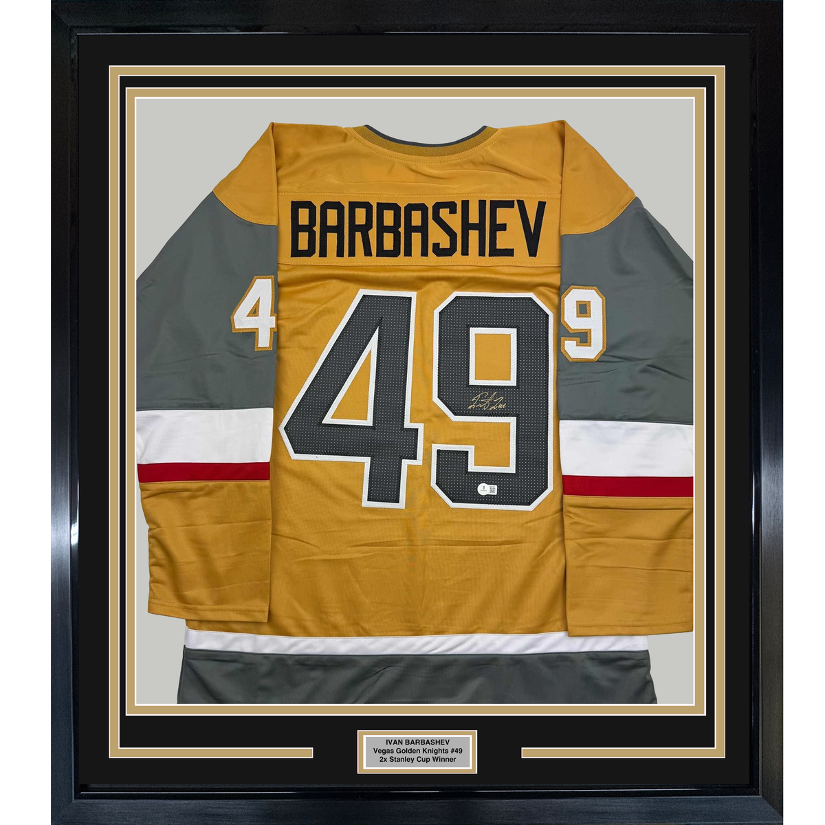 Framed Autographed/Signed Ivan Barbashev 35x39 Las Vegas Gold Hockey Jersey Beckett BAS COA