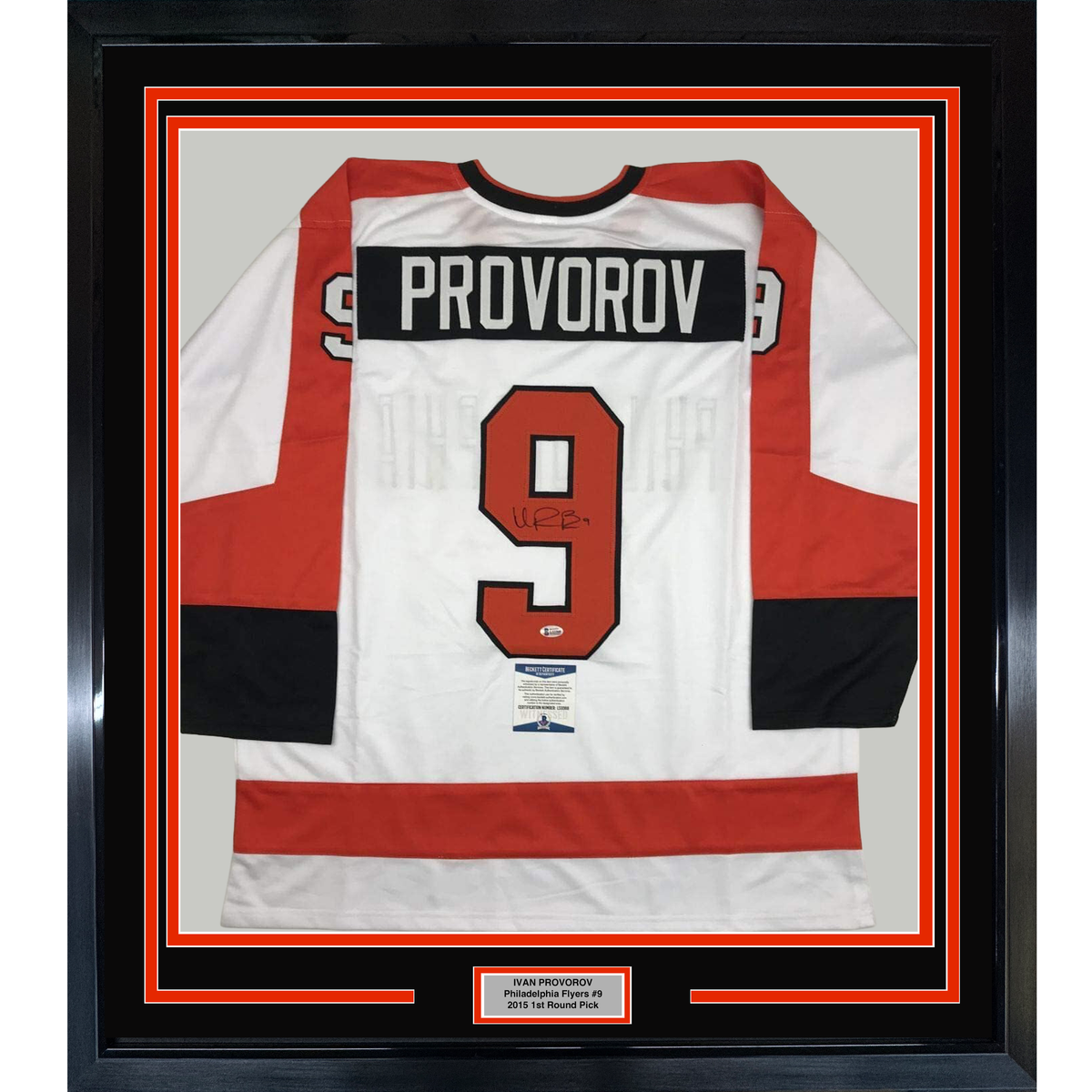 Framed Autographed/Signed Ivan Provorov 35x39 Philadelphia White Hockey Jersey Beckett BAS COA
