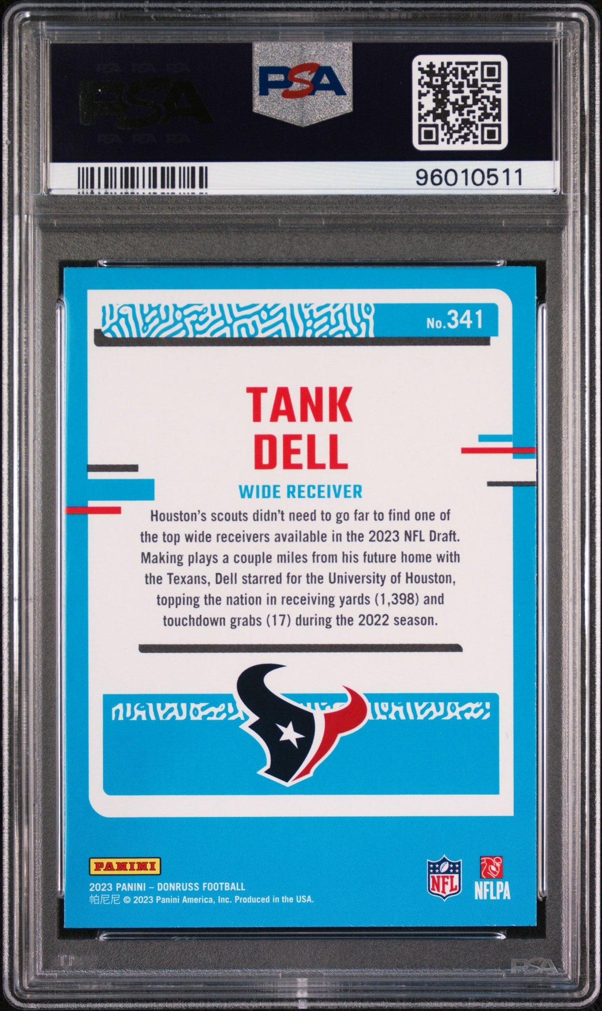 Graded 2023 Panini Donruss Tank Dell #341 Rookie RC Football Card PSA 10 Gem Mint