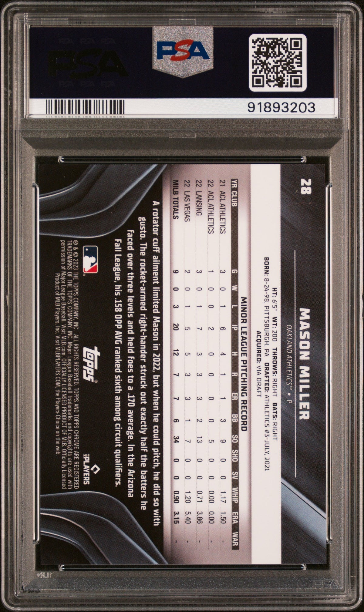 Graded 2023 Topps Chrome Black Mason Miller #28 Green Wave #/99 Rookie RC Baseball Card PSA 10 Gem Mint