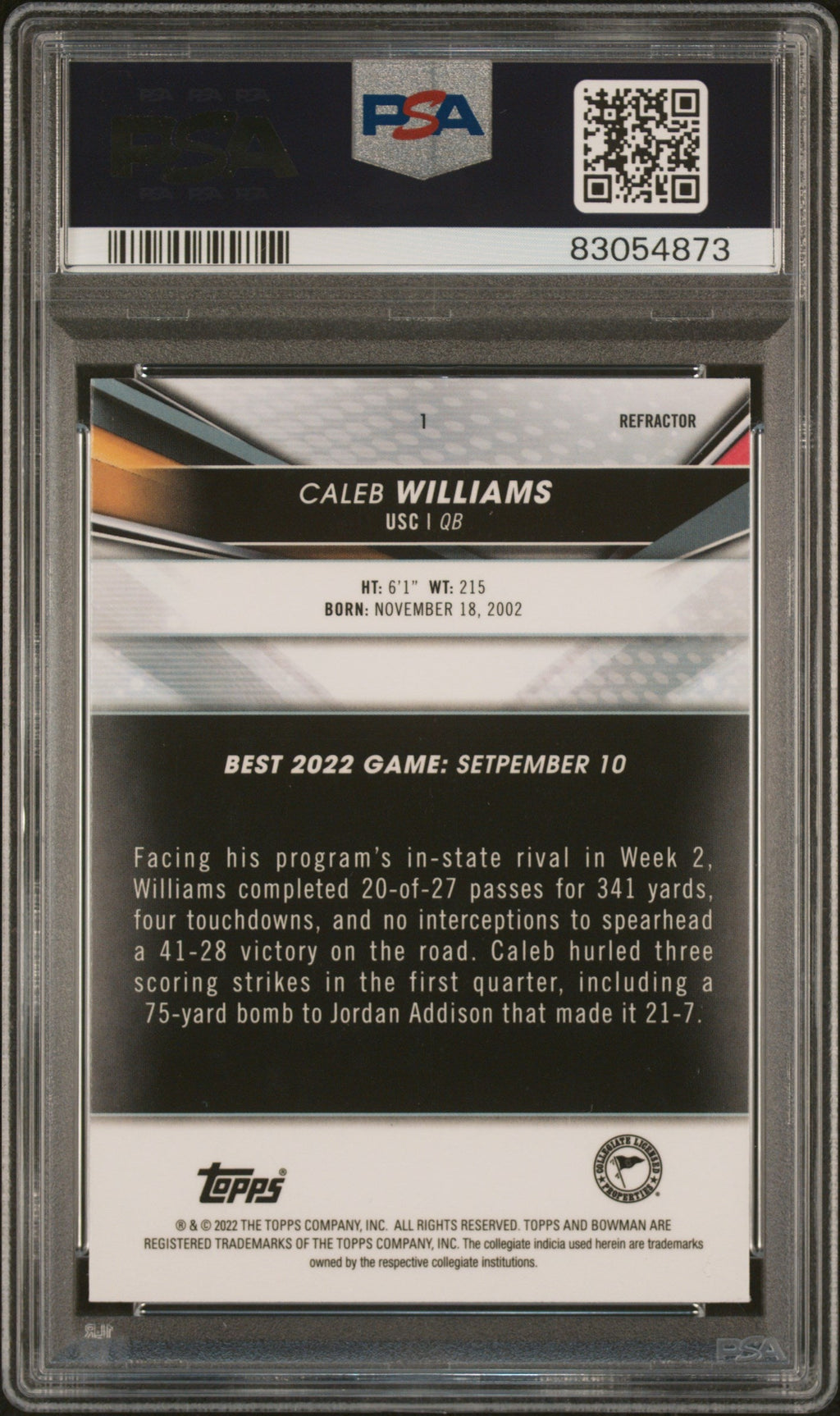 Graded 2022 Topps Bowmans Best University Caleb Williams #1 Refractor Rookie RC Football Card PSA 10 Gem Mint
