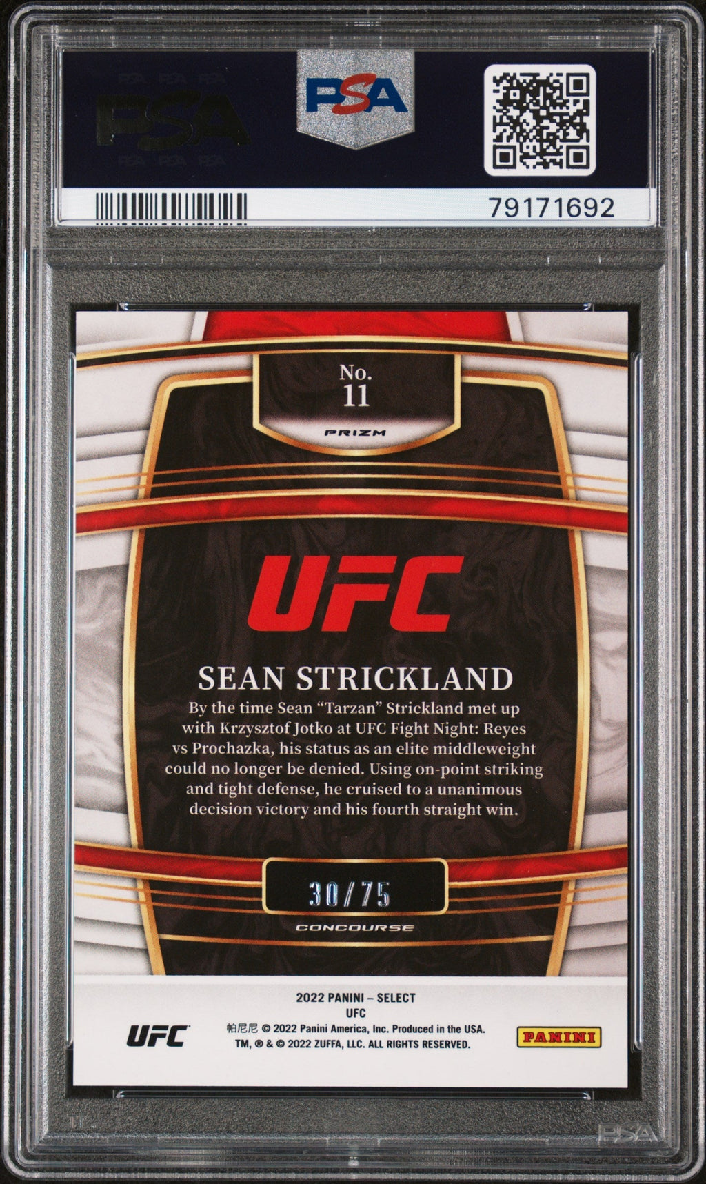 Graded 2022 Panini Select UFC Sean Strickland #11 White Prizm /75 Rookie RC UFC MMA Card PSA 10 Gem Mint