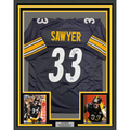 Framed Autographed/Signed Jack Sawyer 35x39 Pittsburgh Black Football Jersey Beckett BAS COA