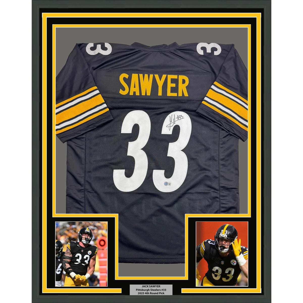 Framed Autographed/Signed Jack Sawyer 35x39 Pittsburgh Black Football Jersey Beckett BAS COA