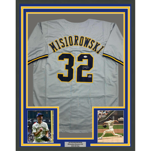 Framed Autographed/Signed Jacob Misiorowski 35x39 Milwaukee Grey Baseball Jersey JSA COA