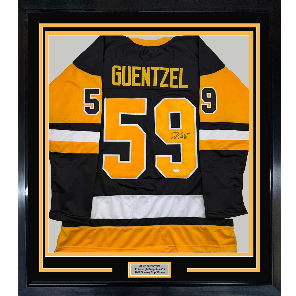 Framed Autographed/Signed Jake Guentzel 35x39 Pittsburgh Black Hockey Jersey JSA COA
