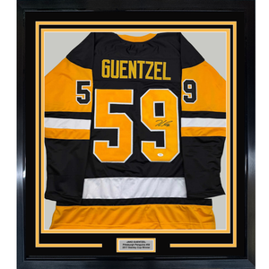 Framed Autographed/Signed Jake Guentzel 35x39 Pittsburgh Black Hockey Jersey JSA COA