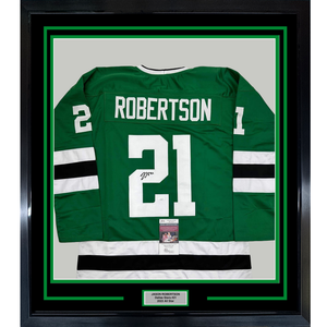 Framed Autographed/Signed Jason Robertson 35x39 Dallas Green Hockey Jersey JSA COA