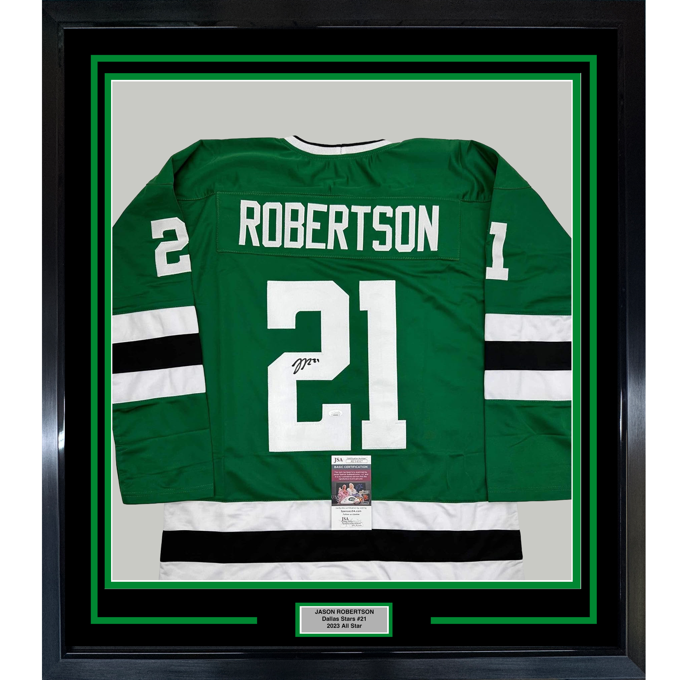 Framed Autographed/Signed Jason Robertson 35x39 Dallas Green Hockey Jersey JSA COA