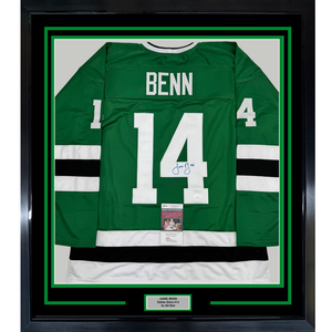Framed Autographed/Signed Jamie Benn 35x39 Dallas Green Retro Hockey Jersey JSA COA