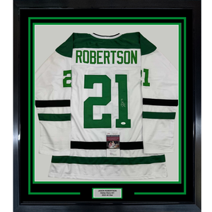 Framed Autographed/Signed Jason Robertson 35x39 Dallas White Hockey Jersey JSA COA