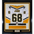 Framed Autographed/Signed Jaromir Jagr 35x39 Pittsburgh White Hockey Jersey JSA COA